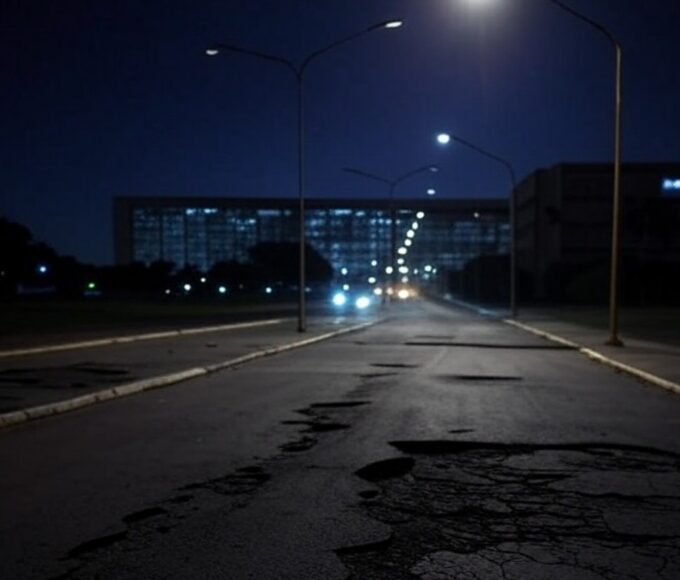 Rua noturna em Brasília com iluminação pública deficiente, expondo negligência histórica no DF.