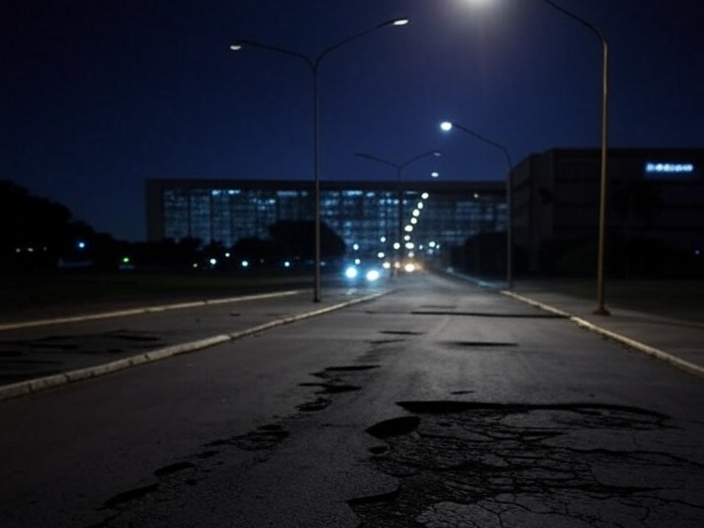 Rua noturna em Brasília com iluminação pública deficiente, expondo negligência histórica no DF.