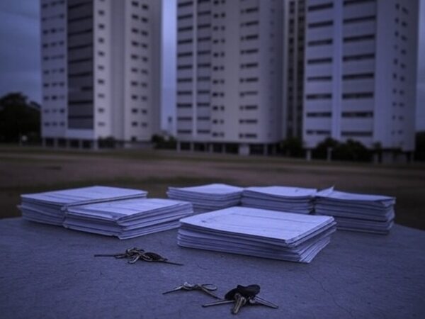 Documentos imobiliários com selos e calculadoras em escritório de Brasília, representando elevação de custos em transações no DF.