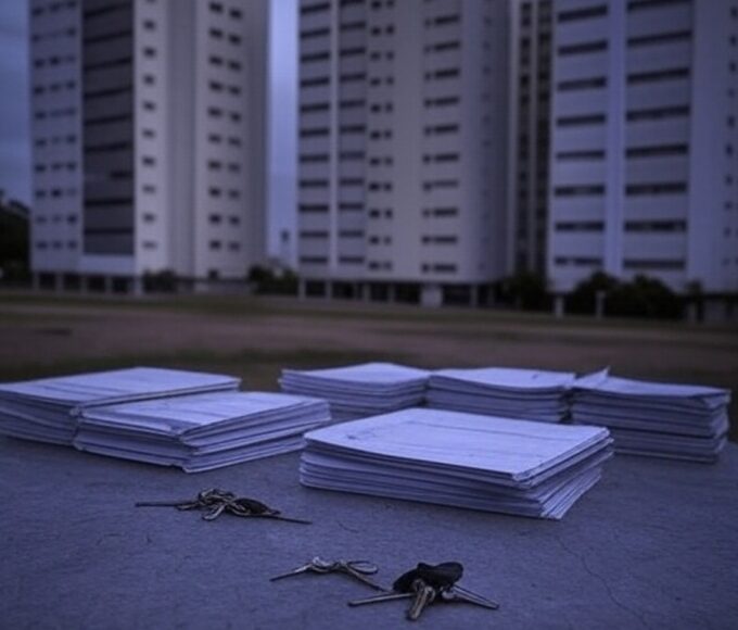 Documentos imobiliários com selos e calculadoras em escritório de Brasília, representando elevação de custos em transações no DF.