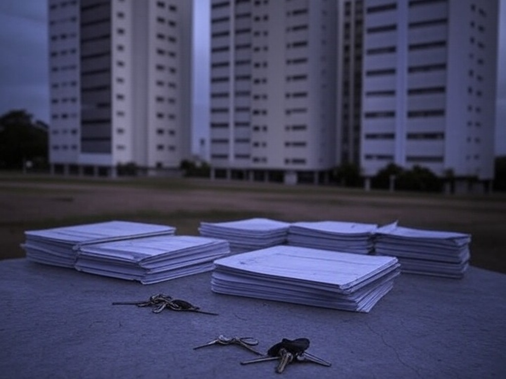 Documentos imobiliários com selos e calculadoras em escritório de Brasília, representando elevação de custos em transações no DF.