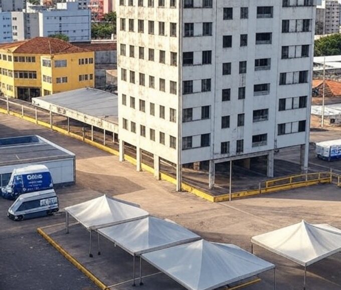 Rua em Taguatinga com hotel abandonado e barreiras para implosão, veículos de acolhimento do GDF ao fundo.