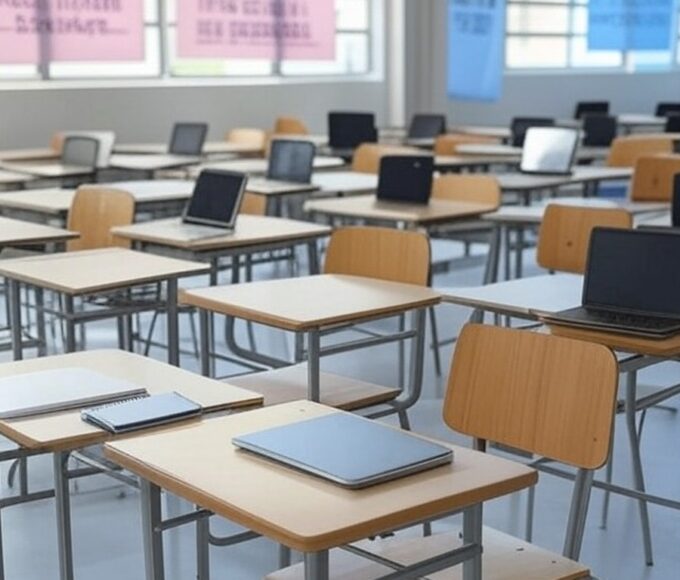 Sala de aula em centro comunitário de Taguatinga preparada para cursos gratuitos da Caravana do Empreendedorismo Feminino, capacitando mulheres.