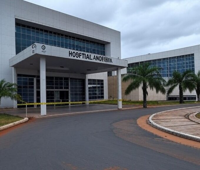 Fachada do Hospital Anchieta com fita de isolamento policial, representando investigação por mortes com doses excessivas de potássio.