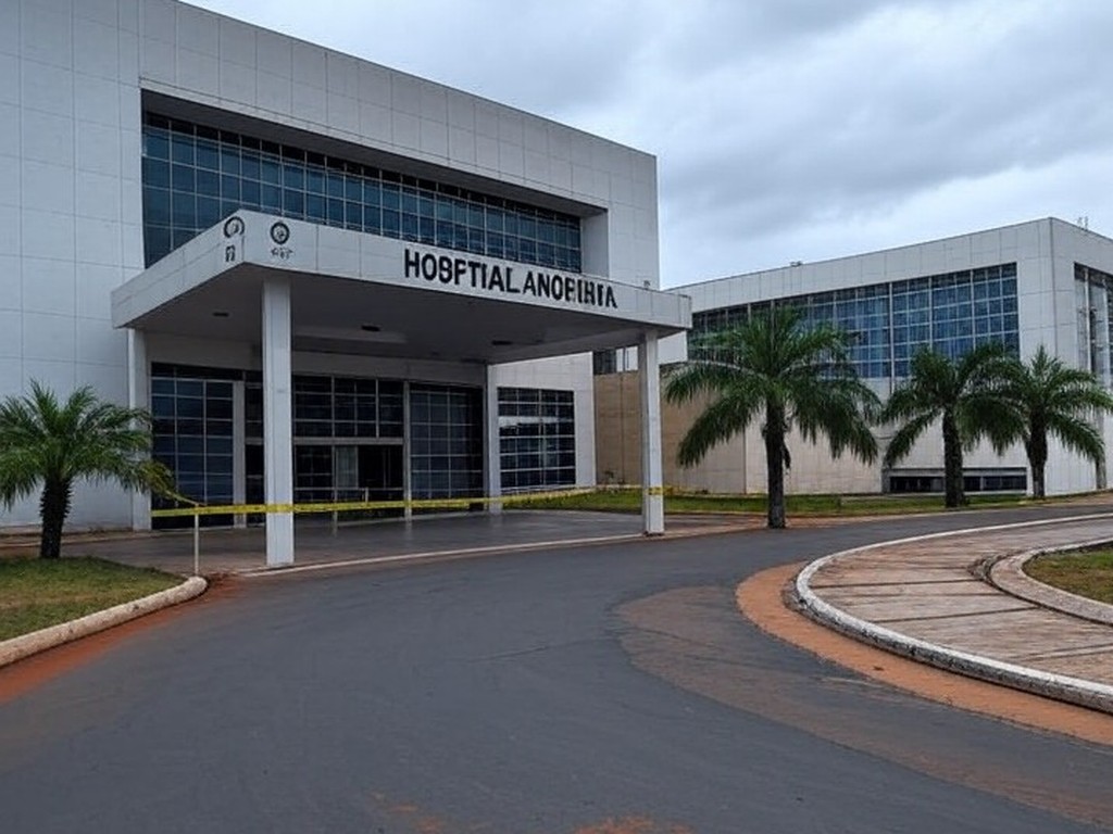 Fachada do Hospital Anchieta com fita de isolamento policial, representando investigação por mortes com doses excessivas de potássio.