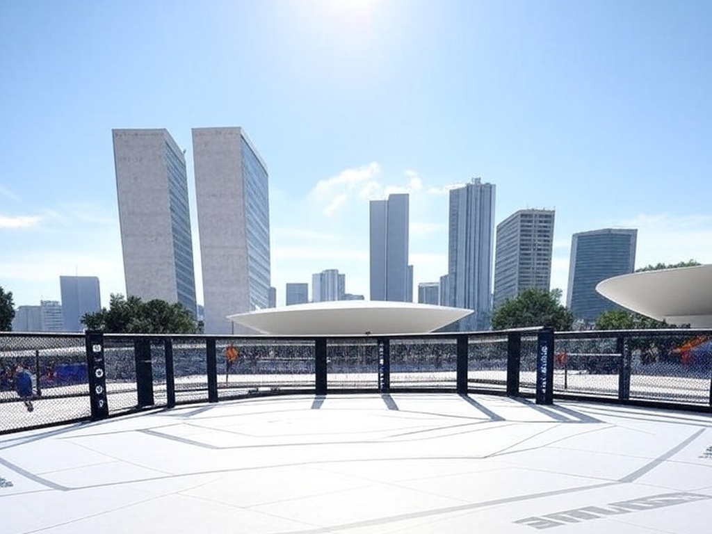 Octógono de MMA vazio em arena de Brasília, simbolizando evento da LFA no DF com apoio oficial.