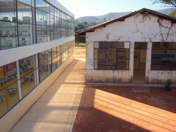 Sala de aula com equipamentos de robótica abandonados em escola do DF, ilustrando críticas à lei de robótica por ineficácia.