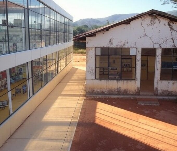 Sala de aula com equipamentos de robótica abandonados em escola do DF, ilustrando críticas à lei de robótica por ineficácia.