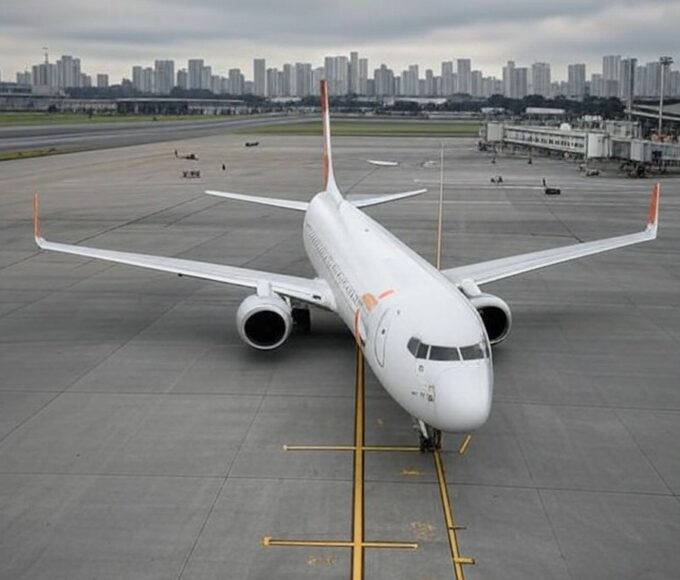 Avião da Gol no Aeroporto de Guarulhos, São Paulo, representando a morte do fundador Constantino Junior.