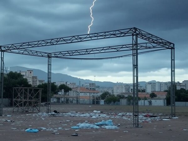 Estrutura de ato político em Belo Horizonte atingida por raio durante tempestade.