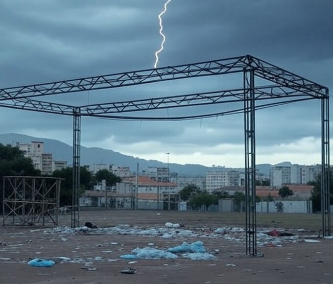 Estrutura de ato político em Belo Horizonte atingida por raio durante tempestade.