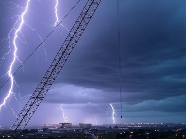 Guindaste atingido por raio em Brasília durante ato político, com tempestade e céu escuro.