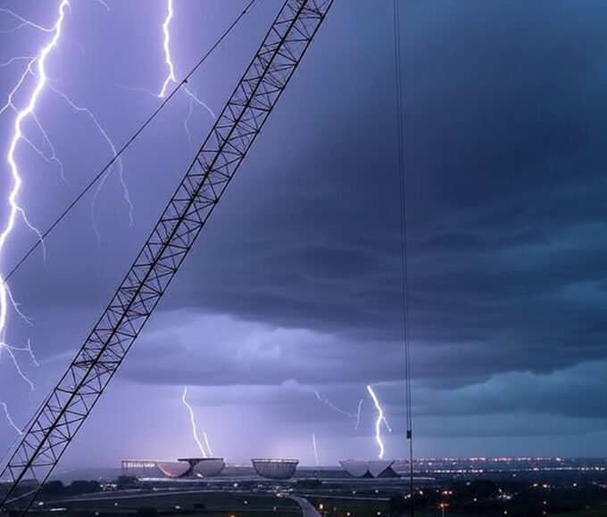 Guindaste atingido por raio em Brasília durante ato político, com tempestade e céu escuro.
