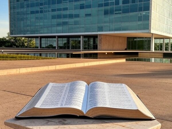 Edifício da CLDF em Brasília com Bíblia em pedestal, simbolizando ameaça à laicidade do Estado.