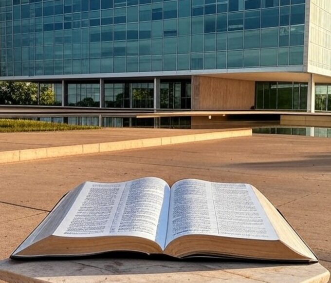 Edifício da CLDF em Brasília com Bíblia em pedestal, simbolizando ameaça à laicidade do Estado.