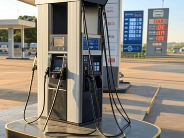 Posto de gasolina em Brasília com bombas de combustível e placa de preços, representando redução no valor da gasolina pela Petrobras no DF.