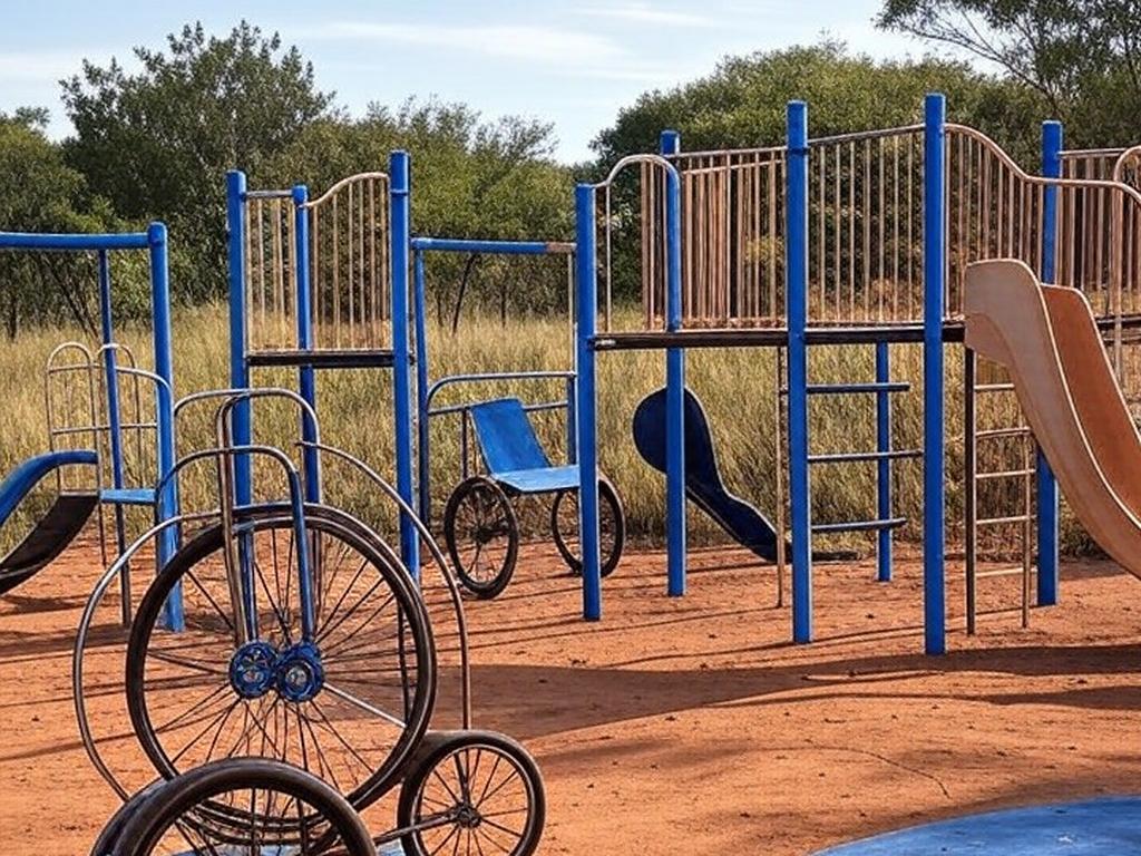 Parque infantil inclusivo no Taguaparque, Taguatinga, com brinquedos acessíveis para crianças com deficiências.