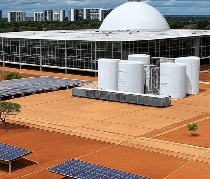 Instalação de hidrogênio limpo em Brasília com céu poluído, representando lei aprovada na CLDF como paliativo ineficaz contra crise climática.
