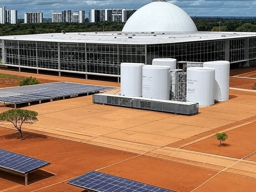 Instalação de hidrogênio limpo em Brasília com céu poluído, representando lei aprovada na CLDF como paliativo ineficaz contra crise climática.