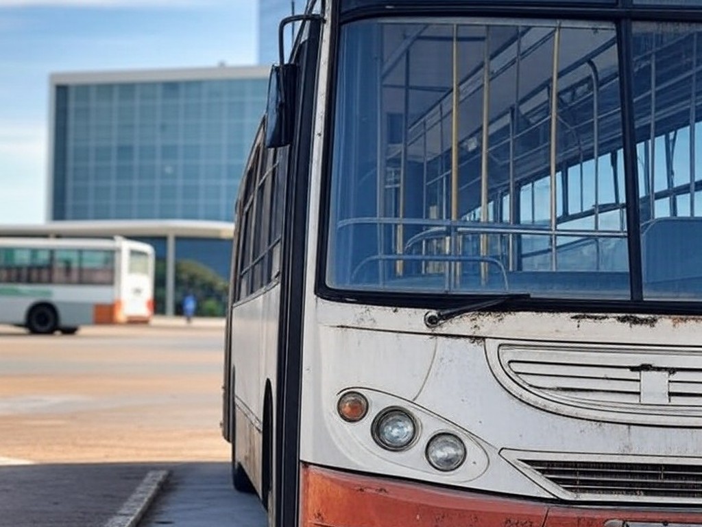 Ônibus público desgastado em estação de Brasília, destacando negligência no transporte do DF.