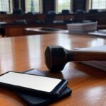 Martelo de juiz em tribunal brasileiro simbolizando condenação por divulgação de mensagens privadas.