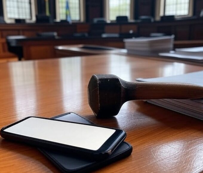 Martelo de juiz em tribunal brasileiro simbolizando condenação por divulgação de mensagens privadas.