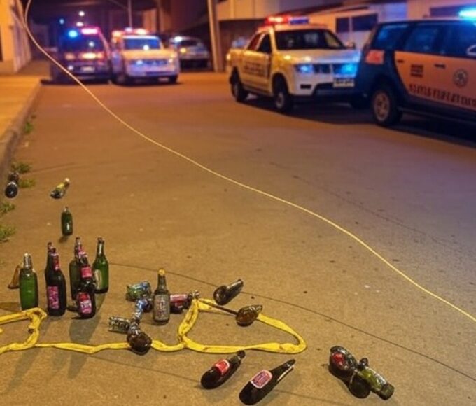Cena de crime em rua de Taguatinga com viaturas policiais e fita de isolamento, sugerindo assassinato simulado como suicídio após bebedeira.