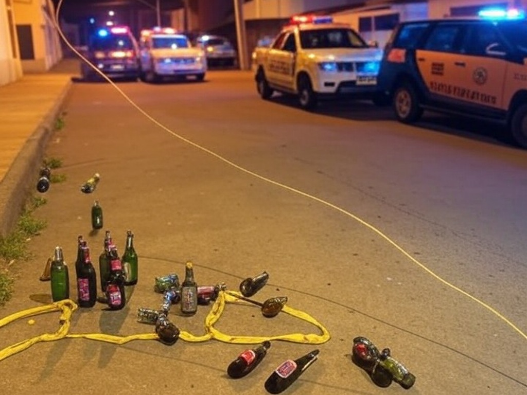Cena de crime em rua de Taguatinga com viaturas policiais e fita de isolamento, sugerindo assassinato simulado como suicídio após bebedeira.