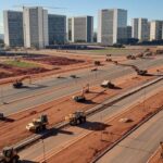 Obras de infraestrutura urbana em Brasília, destacando o Eixo Monumental e construções modernas no Distrito Federal.