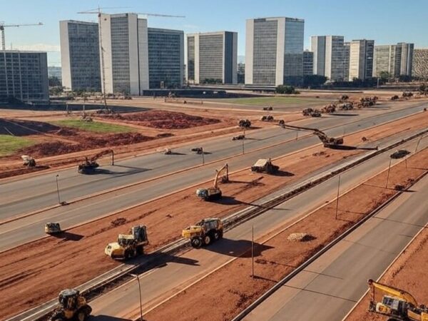 Obras de infraestrutura urbana em Brasília, destacando o Eixo Monumental e construções modernas no Distrito Federal.