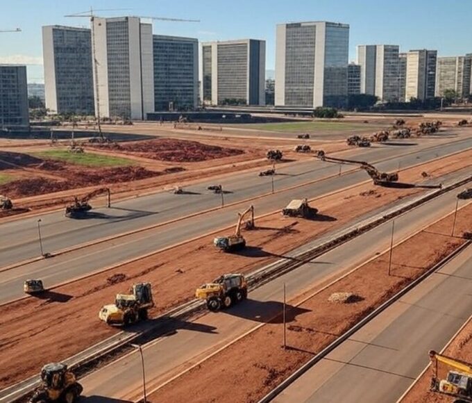 Obras de infraestrutura urbana em Brasília, destacando o Eixo Monumental e construções modernas no Distrito Federal.