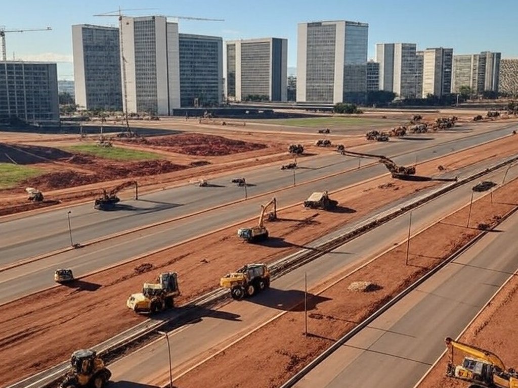 Obras de infraestrutura urbana em Brasília, destacando o Eixo Monumental e construções modernas no Distrito Federal.