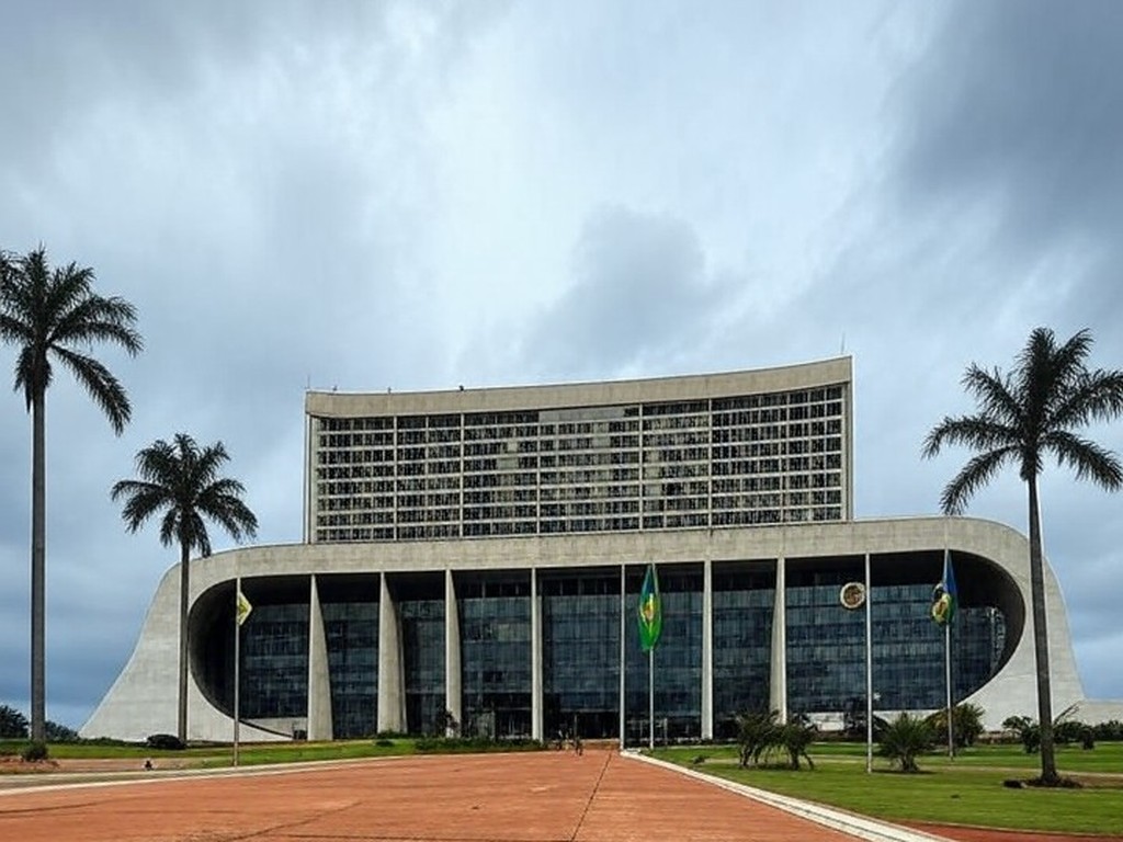 Edifício do Tribunal de Justiça do DF com bandeiras a meio mastro, simbolizando luto pela morte de desembargador.
