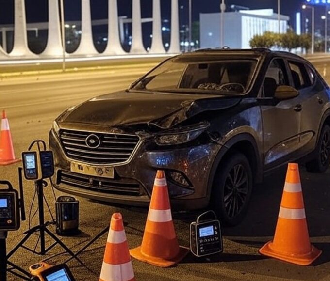 Viatura do Detran-DF danificada por colisão em operação contra motoristas alcoolizados em Brasília.