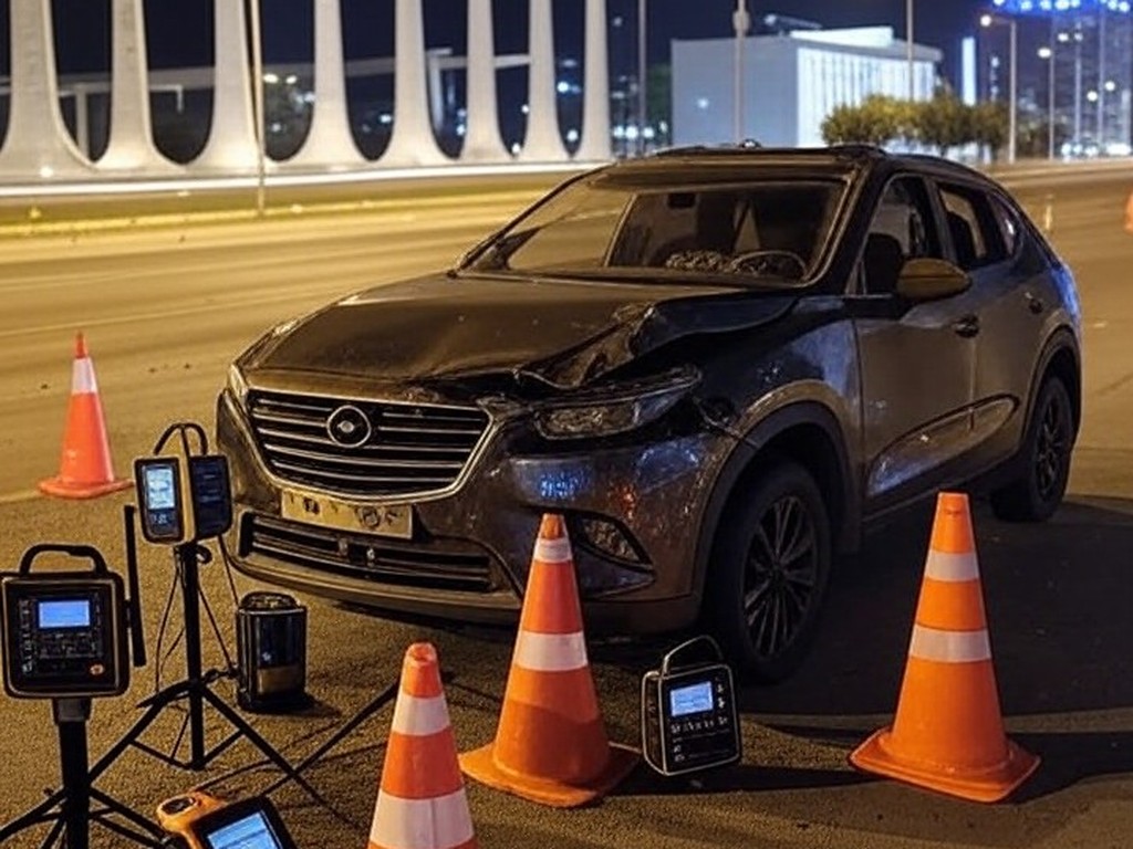 Viatura do Detran-DF danificada por colisão em operação contra motoristas alcoolizados em Brasília.