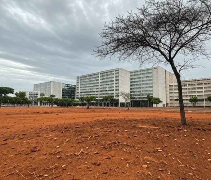 Vista de Brasília com desigualdades na arborização urbana, áreas verdes escassas contrastando com regiões arborizadas.