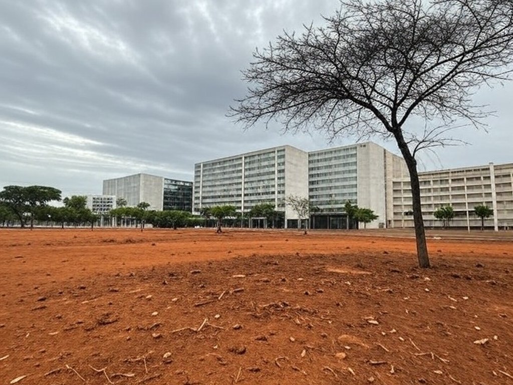 Vista de Brasília com desigualdades na arborização urbana, áreas verdes escassas contrastando com regiões arborizadas.