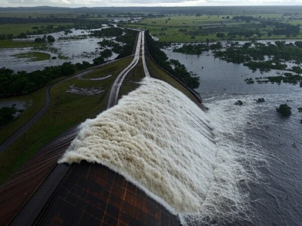 Reservatório do Descoberto transbordando no DF, expondo falhas no abastecimento hídrico com água jorrando e áreas inundadas.