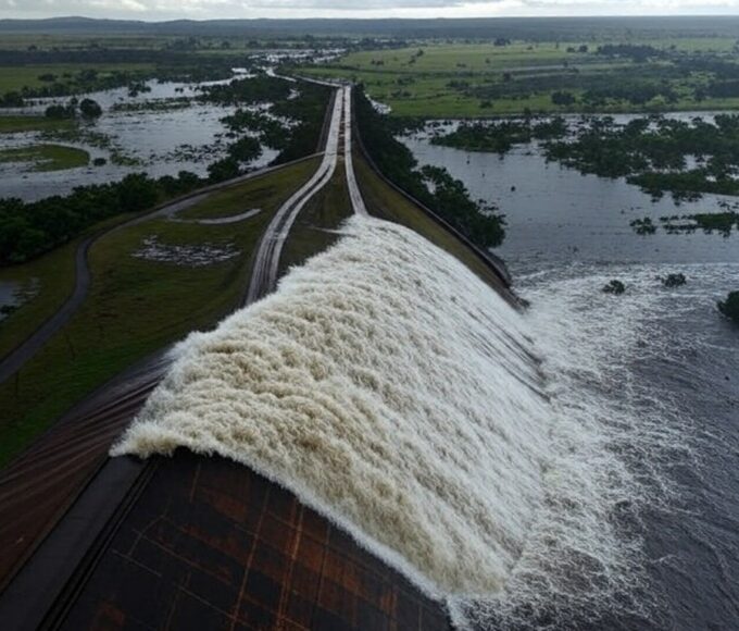 Reservatório do Descoberto transbordando no DF, expondo falhas no abastecimento hídrico com água jorrando e áreas inundadas.