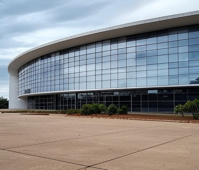 Edifícios governamentais em Brasília representando servidores do DF com folga de aniversário e críticas por desigualdades fiscais.