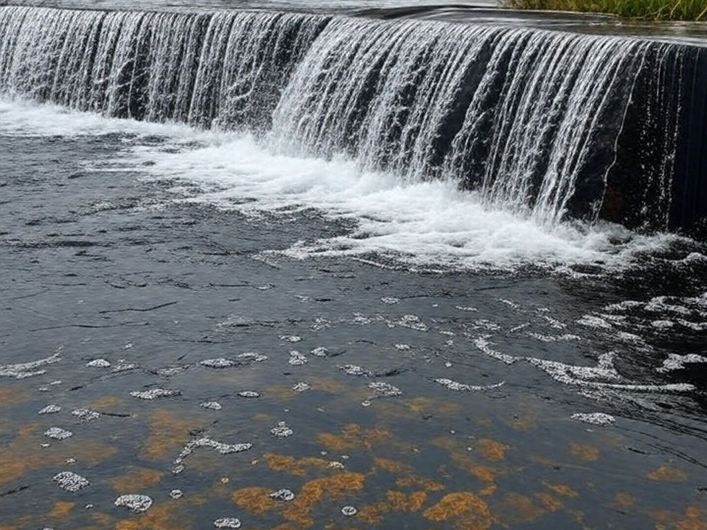 Vista do Reservatório do Descoberto transbordando com chuvas, garantindo água para o DF, em estilo fotojornalístico realista.