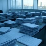 Prédio da Caesb em Brasília com documentos de resultados de concurso espalhados, evocando temores de erros e injustiças.