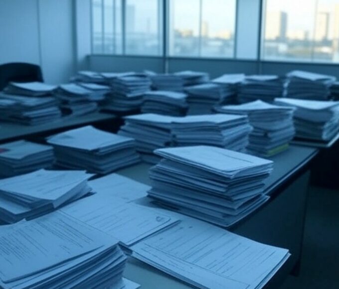 Prédio da Caesb em Brasília com documentos de resultados de concurso espalhados, evocando temores de erros e injustiças.