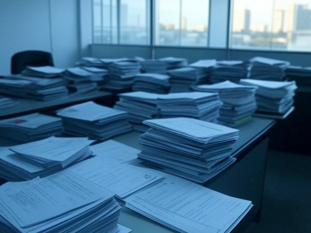 Prédio da Caesb em Brasília com documentos de resultados de concurso espalhados, evocando temores de erros e injustiças.