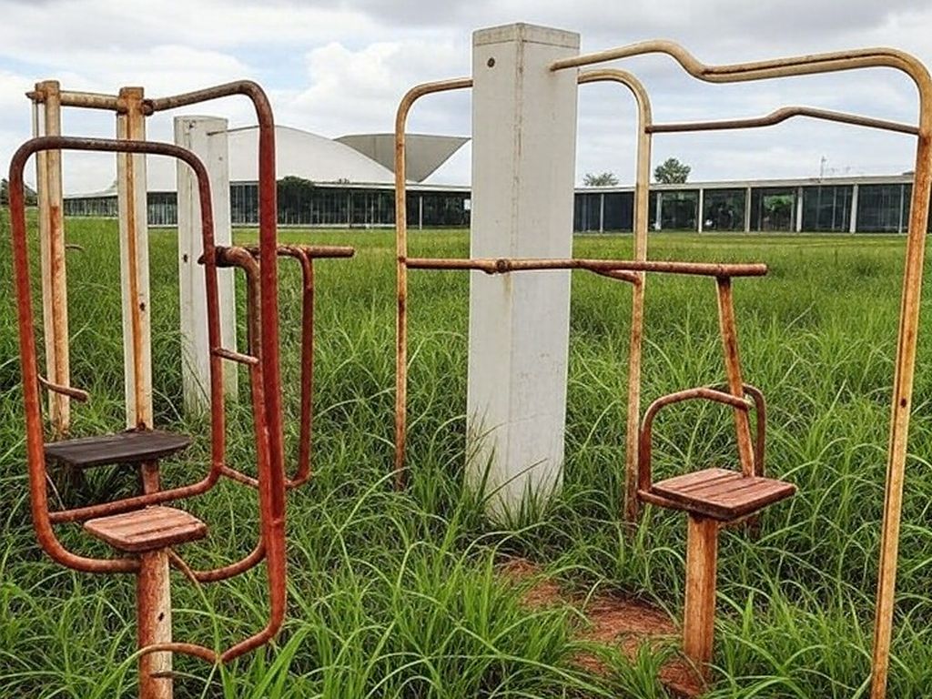 Academia ao ar livre abandonada em Brasília, representando atrasos e falhas na lei da CLDF para idosos.