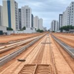 Linha de VLT em expansão entre Taguatinga e Ceilândia, com trilhos e arquitetura urbana no Distrito Federal.