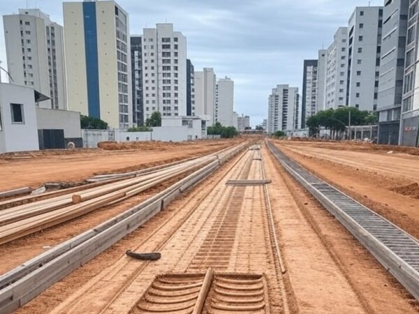 Linha de VLT em expansão entre Taguatinga e Ceilândia, com trilhos e arquitetura urbana no Distrito Federal.