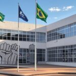 Escola pública em Brasília com símbolos de educação antirracista e diversidade cultural.