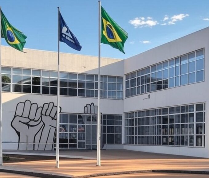 Escola pública em Brasília com símbolos de educação antirracista e diversidade cultural.