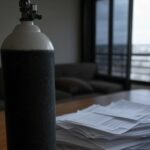 Cilindro de oxigênio e contas de energia em casa no Distrito Federal, ilustrando atraso em desconto para oxigenoterapia.